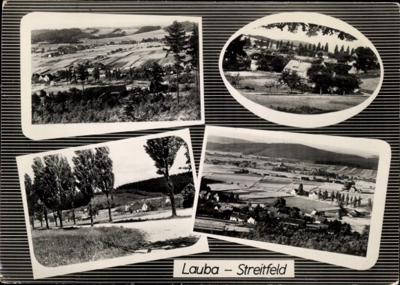 Ak Lauba Lawalde in Lausitz, vier foto's van landschap, bomen, gebouwen, landelijke omgeving...