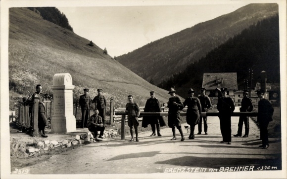 Postcard Tyrol, South Tyrol, Passo Brennero, Brenner Pass, border, boundary stone, barrier, customs officer