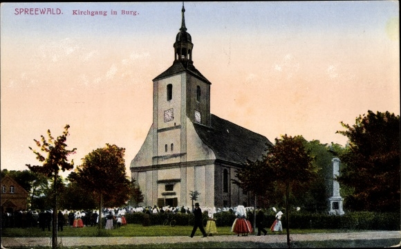 Postcard Castle in the Spreewald, church, Spree forests while going to church