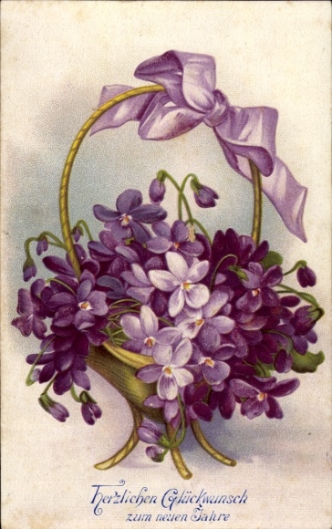 Embossed PC Happy New Year, Violets in the Basket