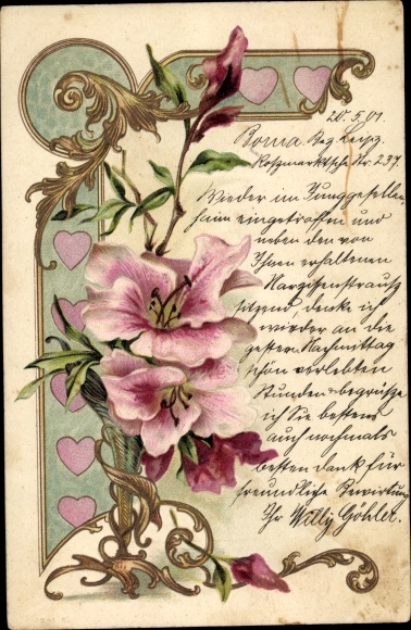 Chromo-Litho pink lilies, hearts