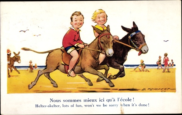 Künstler Ak Tempest, D., Kinder reiten auf Eseln den Strand entlang