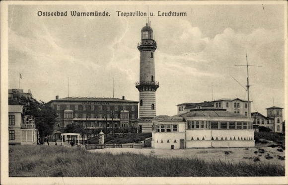Postcard Ostseebad Warnemünde Rostock, tea pavilion and lighthouse