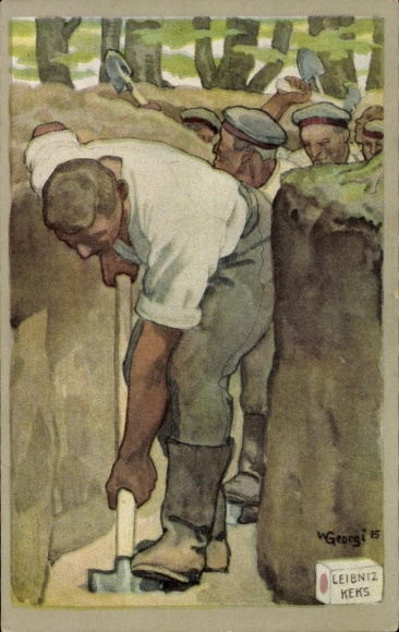 Artist Postcard Georgi, W., German soldiers digging trenches, advertising Leibniz biscuit