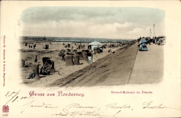Postcard North Sea resort Norderney East Frisia, beach colony with dam