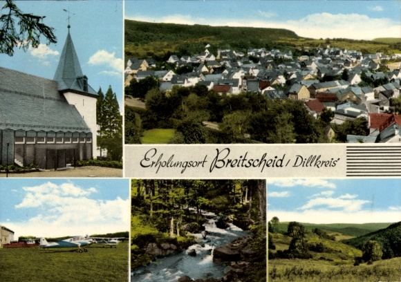 Ak Breitscheid in Hessen, Totalansicht, Kirche, Teilansichten, Flugplatz, Bach