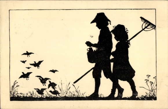 Paper cutting artist Postcard Carus, rake, ducks, boy and girl, animal protection association