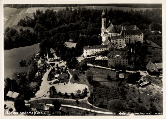 Postcard Andechs am Ammersee, Andechs Monastery, aerial view surrounded by trees and meadows, architecture