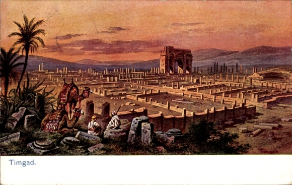 Artysta KP Perlberg, F., Timgad Algieria, ruiny, Beduini, wielbłąd