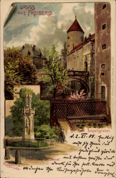 Kunstenaar litho Spindler, Erwin, Freiberg in Saksen, kasteelgracht, monument van Zweden