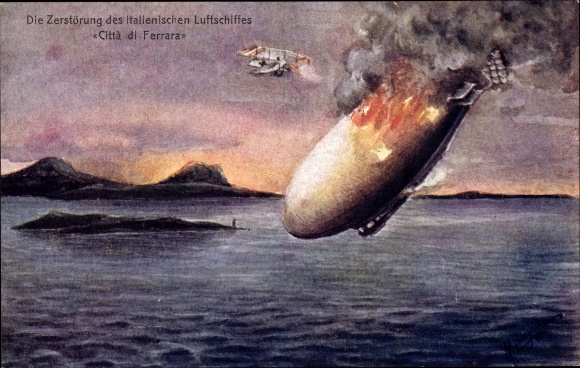 Postcard Destruction of the Italian airship Citta di Ferrara by KuK flying boat, I WW