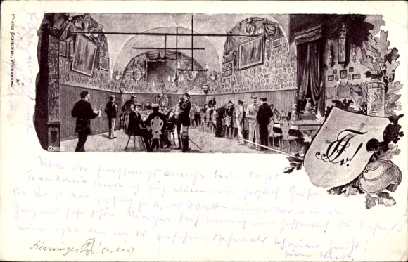 Studentika Postcard Würzburg, Corps House, Bar Room, Coat of Arms
