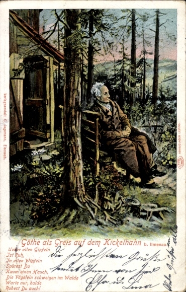 Postcard Ilmenau in Thuringia, Göthe, old man, Kickelhahn, forest, little bird, greetings