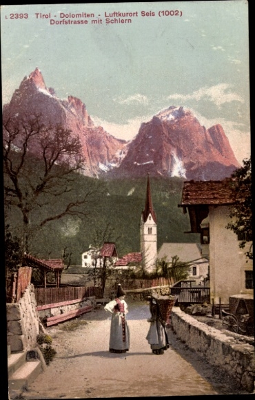 Postcard Seis am Schlern Siusi Kastelruth Castelrotto South Tyrol, Tyrol, Dolomites, climatic health resort Dorfstraß