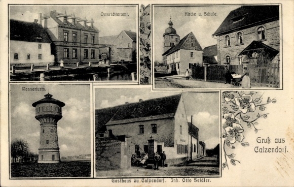 Ak Calzendorf Kalzendorf Steigra Saalekreis, met watertoren, plaatselijk rechterlijk kantoor, kerk, herberg, G