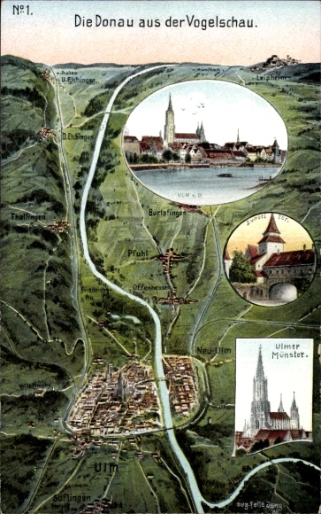 Maps Postcard Ulm on the Danube, Münster, surroundings, Danube from a bird's eye view