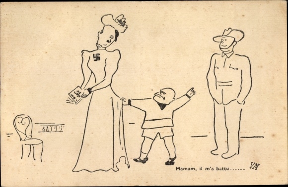 Künstler Ak Maman, il m'a battu, Karikatur 2. WK, Hitler als Mutter, Mussolini als Sohn