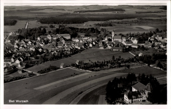 Postcard Bad Wurzach in Upper Swabia, aerial view of church building, rural surroundings
