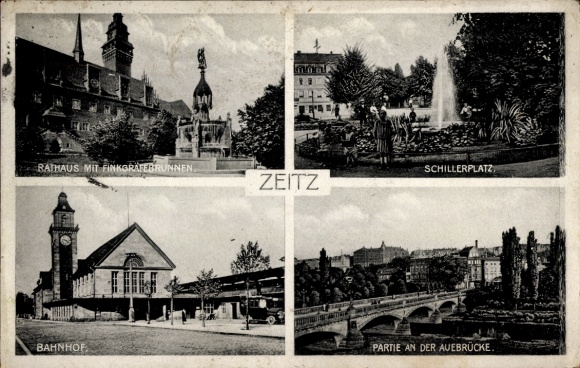 Ak Zeitz im Burgenlandkreis, Rathaus mit Finkgräbbrunnen, Schillerplatz, Bahnhof, Partie an der A