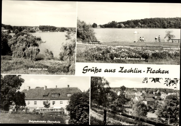 Postcard Dorf Zechlin Rheinsberg, partial views, by the lake, panorama