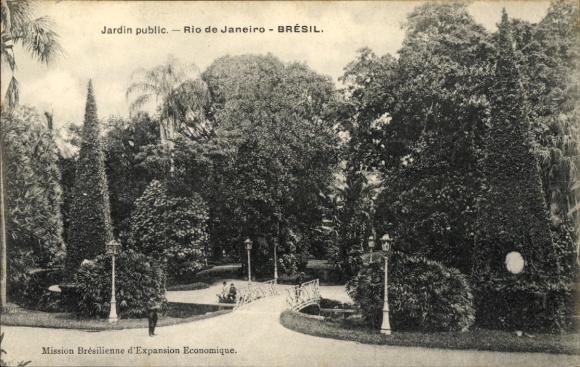 Postcard Rio de Janeiro Brazil, Public Garden, Bridge, Trees, Lanterns