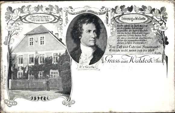 Ansichtkaart Waldeck in Thüringen, hoofd bosbouwafdeling, portret van Goethe