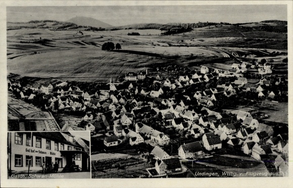 Postcard Undingen Sonnenbühl in Württemberg, aerial photograph, Gasthaus Schwanenmühle