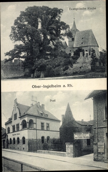 Postcard Ober Ingelheim am Rhein, view of the post office and Evangelical Church