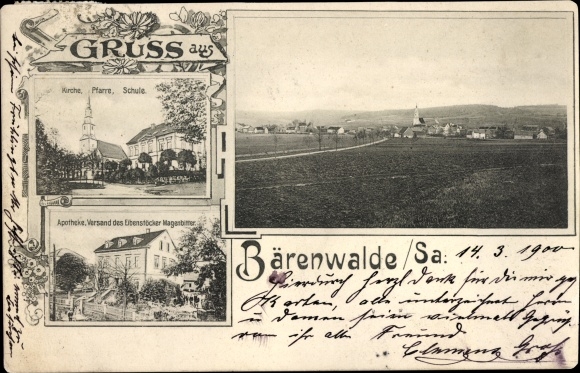 Postcard Bärenwalde in the Erzgebirge Saxony, general view, church, school, pharmacy