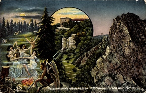 Postcard Thale in the Harz Mountains, Hexentanzplatz, Bodekessel-Rosstrappenfelsen with Schurre