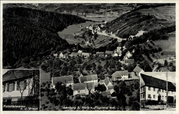 Postcard Isenburg Horb am Neckar, aerial photograph, J. Braun grocery store