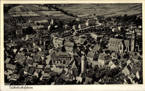Postcard Tauberbischofsheim in Baden, aerial photography, architecture, agricultural land
