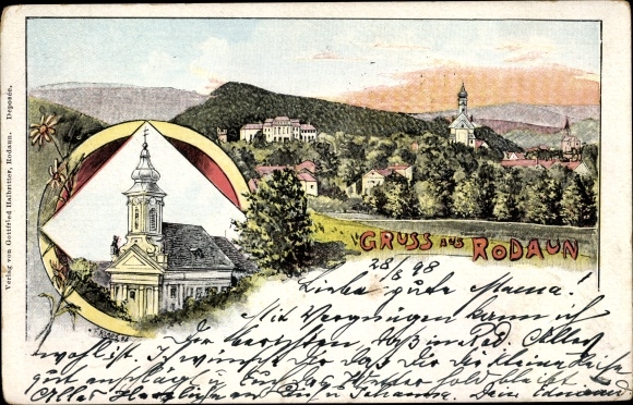 Artist Chromo-Litho Klaus, F., Vienna 23. Liesing Austria, church, panorama from the place