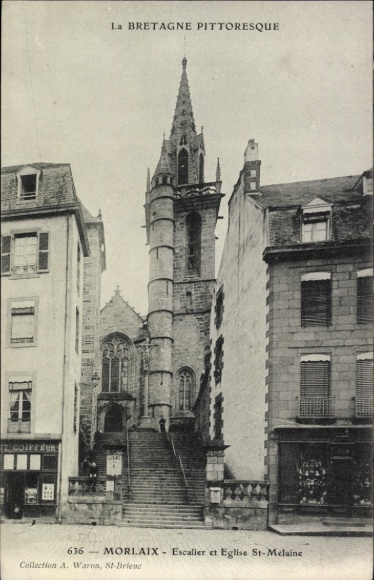 PC Morlaix Finistère, Eglise St-Melaine, stairs, arquitetura, collection A. Waron, St-Brieuc