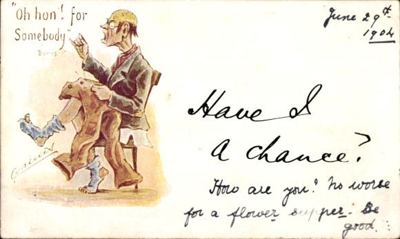 Artist Postcard Man sewing, socks with holes