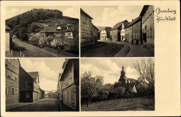 Ansichtkaart Geraberg in Thüringen, straatdelen, kerk, gedeeltelijke aanzichten