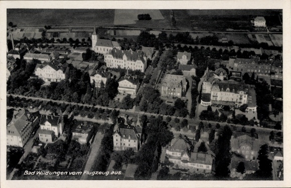 Postcard Bad Wildungen in Hesse, aerial view of houses, trees, streets, churches