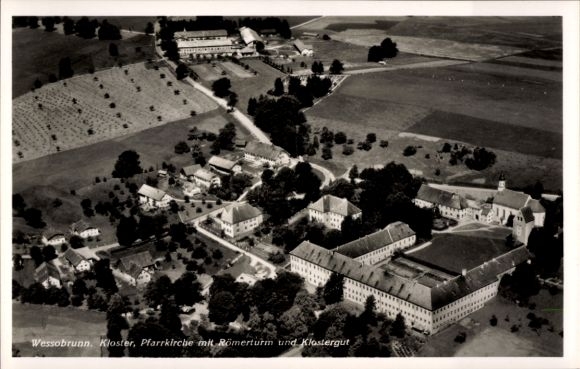 Postcard Wessobrunn in Upper Bavaria, monastery, parish church with Roman tower, monastery estate