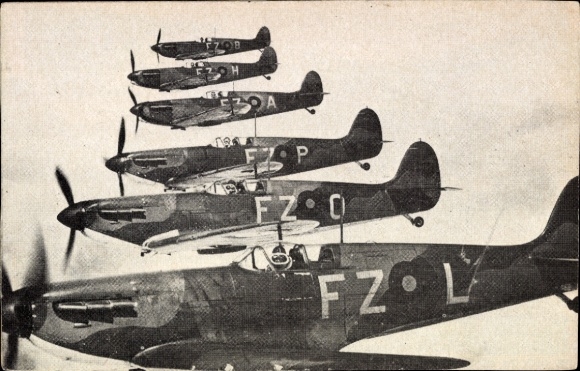 Postcard British fighter aircraft, Supermarine Spitfire, fighter aircraft, FZ-L, FZ-O, FZ-P, FZ-A, FZ-H, FZ-B