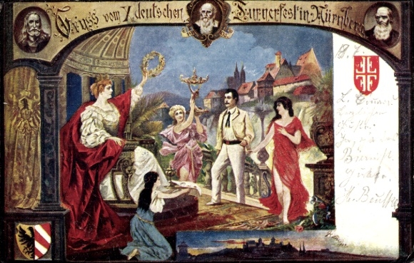 Coat of arms artist Postcard Nuremberg in Middle Franconia, X German Gymnastics Festival