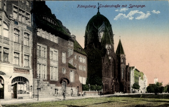 Judaica Ak Kaliningrad Königsberg Oost-Pruisen, Lindenstraße met synagoge