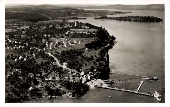 Ak Staad Konstanz am Bodensee, Luftaufnahme von Staad, Insel Mainau, Bodensee, neuer Kiosk Wunder