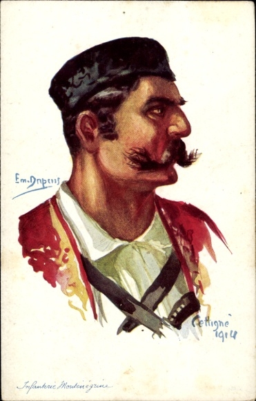 Artist Postcard Dupuis, Emil, France's Allies, Cetinje 1914, Montenegrin soldier, infantry