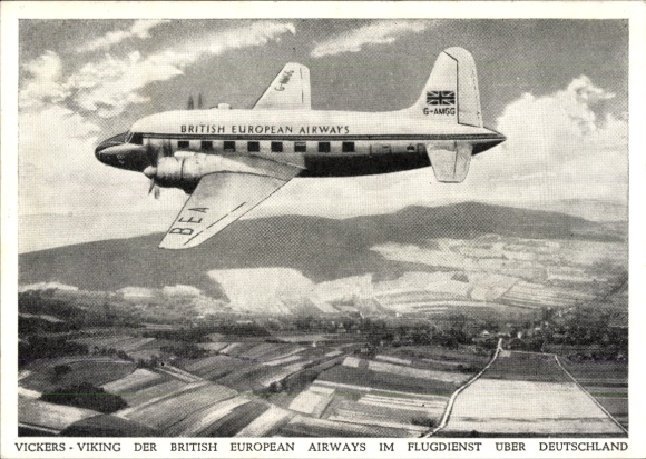 Postcard passenger aircraft Vickers Viking, British European Airways, G-AMGG, flight service over Germany