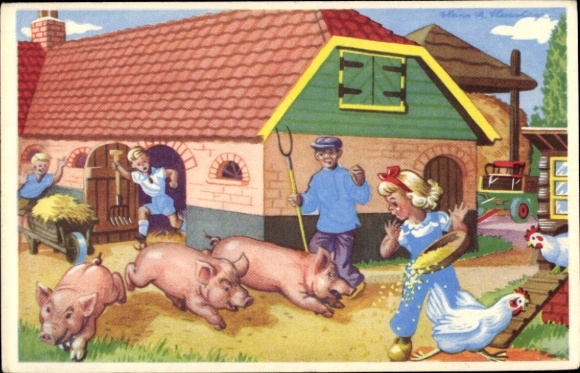 Postcard Pigs escape from the pigpen, farm, farmers, chickens