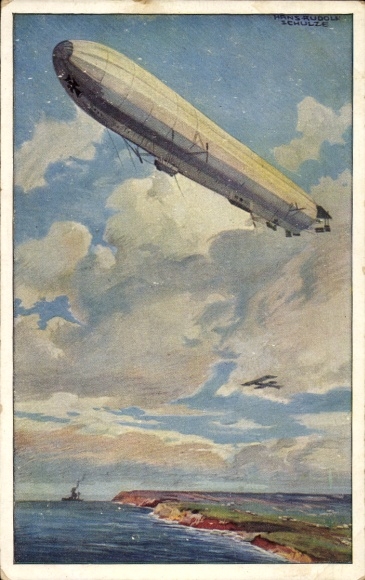 Artist Postcard Schulze, Hans Rudolf, Reichsmarine airship, watch on the German Baltic coast