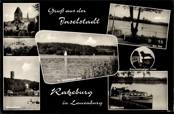 Postcard Ratzeburg in the Duchy of Lauenburg, Cathedral, Brunswick Lion, Küchensee, water tower