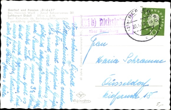 Postcard country postmark Richstein about Berleburg, inn and pension Didoll, Heinrich white