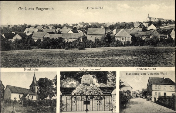 Postcard Sargenroth Rhineland Palatinate, town view, nun church, war memorial, plot by Valentin Wald