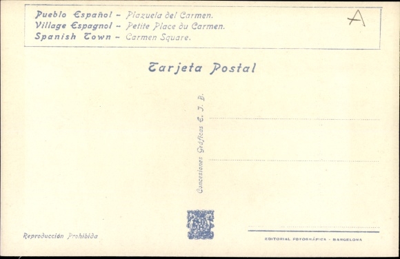 Postcard Exposicion Internacional de Barcelona 1929, Plazuela del Carmen, Pueblo Espagnol